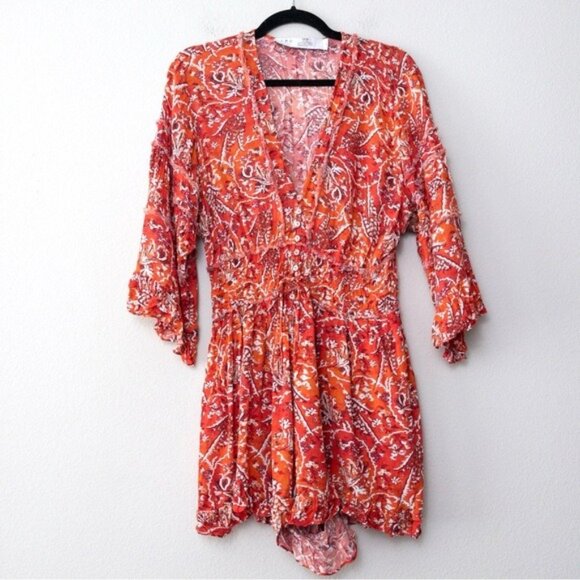 IRO Rhodey Frayed Ruffle Trim Crepe Playsuit 44 Red Romper Floral 12 - Picture 5 of 14